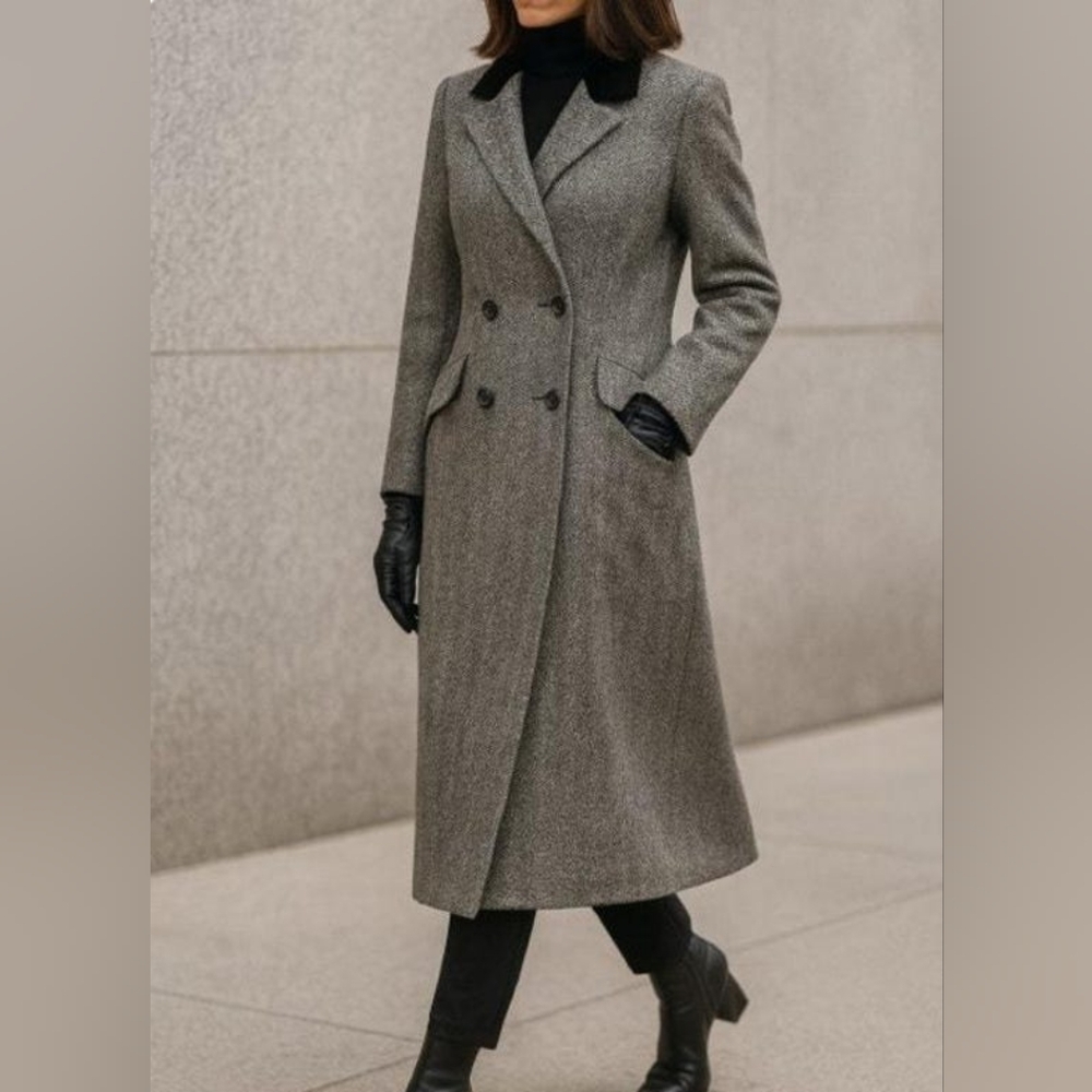 LORING VTG Women's Gray  Double-Breasted HERRINGBONE Coat S?